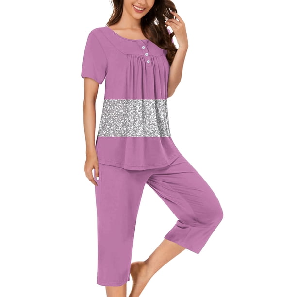 Sexy Pijama Conjunto para las Mujeres, Cuello Redondo Blusa de Manga Corta Y Pantalones, Traje de Moda Casual