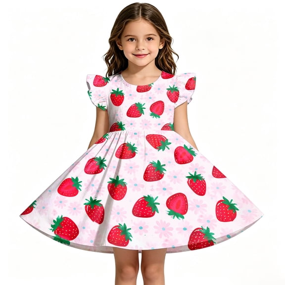 Bjutir Girl'S Dress Strawberry Print Fly Sleeve Dress Leisure Crewneck Dresses For Party Wear, Size 2-11 Years, Pink
