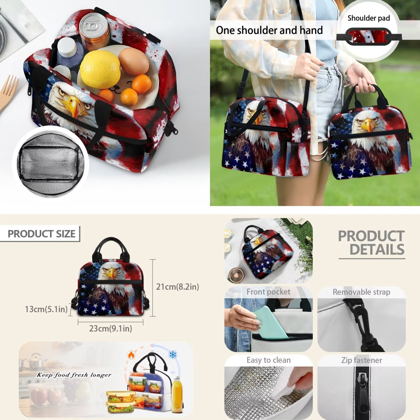Pzuqiu American Flag Eagle Kids Backpack for Girls 4 Piece School Bookbag for Kids with Lunch Box Pencil Case 2pcs Bookmark 17 Inch Middle School Backpack Travel Rucksack