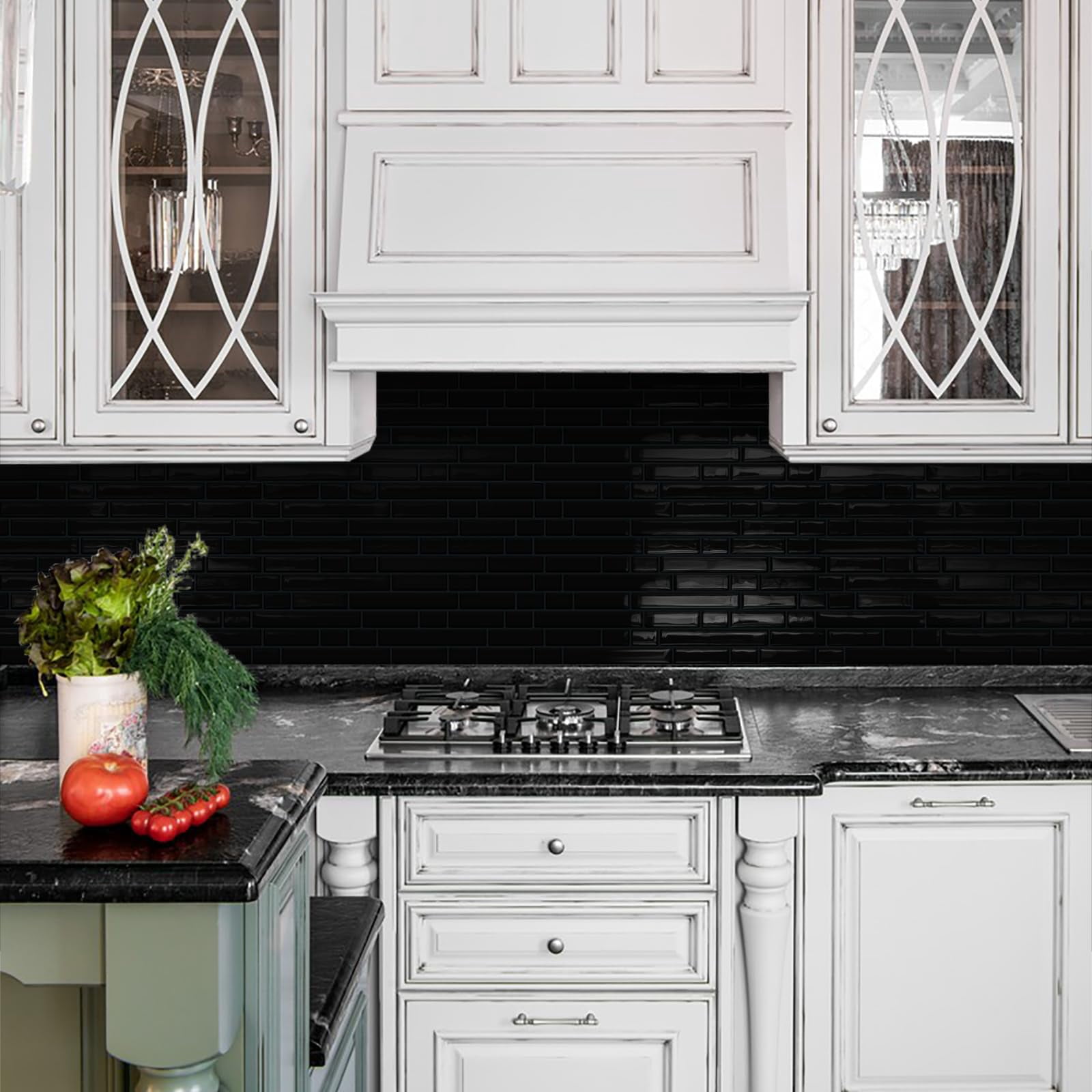 Black Peel And Stick Tile Backsplash 12"x12" Self Adhesive Wall Tiles For Kitchen Marble (10-sheet)