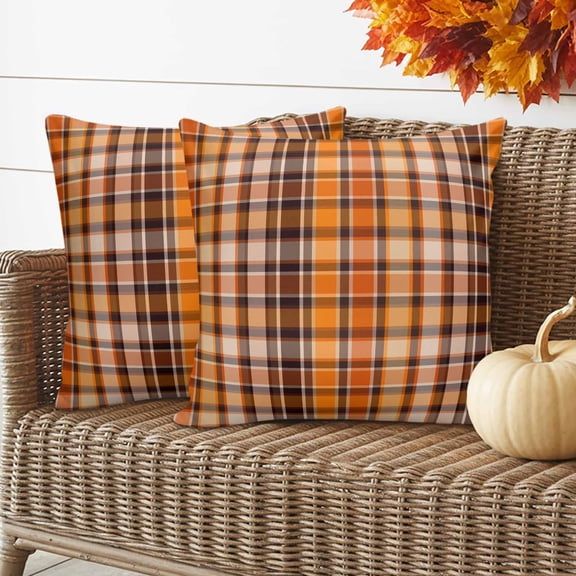Outdoor Pillow Covers Waterproof Pillow Cases Protector Autumn Orange Gradient Plaid Pillowcase Pack of 2 Gingham Check Throw Cushion Case for Pation Furniture,Couch,Living Room Sofa, 18x18 in