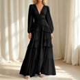 thumbnail image 2 of ZHOGXU Fashion Womens A Line Midi Dresses Solid Color V Neck Long Sleeve Regular Fit Office Daily Wear, 2 of 6