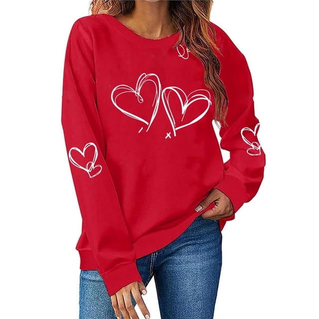 Xuyuer Valentines Day Shirts Women Valentine Crewneck Sweatshirts Love Heart Sweatshirt Valentine's Long Sleeve Tops Printed Sweatshirt Casual Loose Vintage Graphic Pullover Tops
