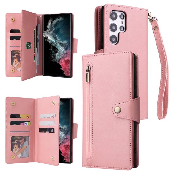 Galaxy S22 Ultra 6.8" 2022 Rivet Buckle Flip Zip Wallet Case, PU Leather Case with Card Slot Kickstand & Wrist Strap Shockproof Protective Case S22 Ultra Women Men, Rosegold