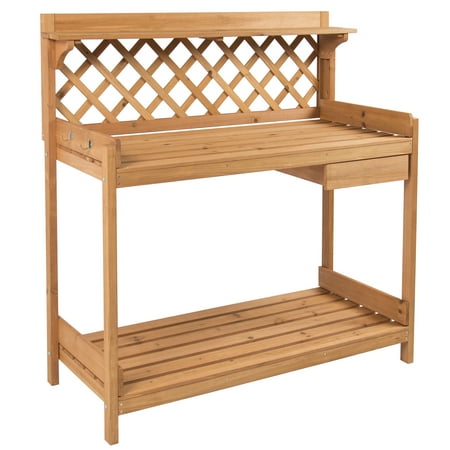 Cedar Garden Potting Table - Best Choice Products Fir Wood Potting Bench with Hooks - Natural Finish