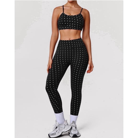 PISONIC Polka Point Workout Sets for Women 2 Piece Spaghetti Straps Cross Back Sports Bra Matching High Waist Legging Gym Yoga Pilates Outfits