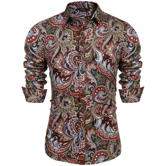 Men's Floral Print Button Down Casual Long Sleeve Hawaiian Shirt(Wine Red,L)