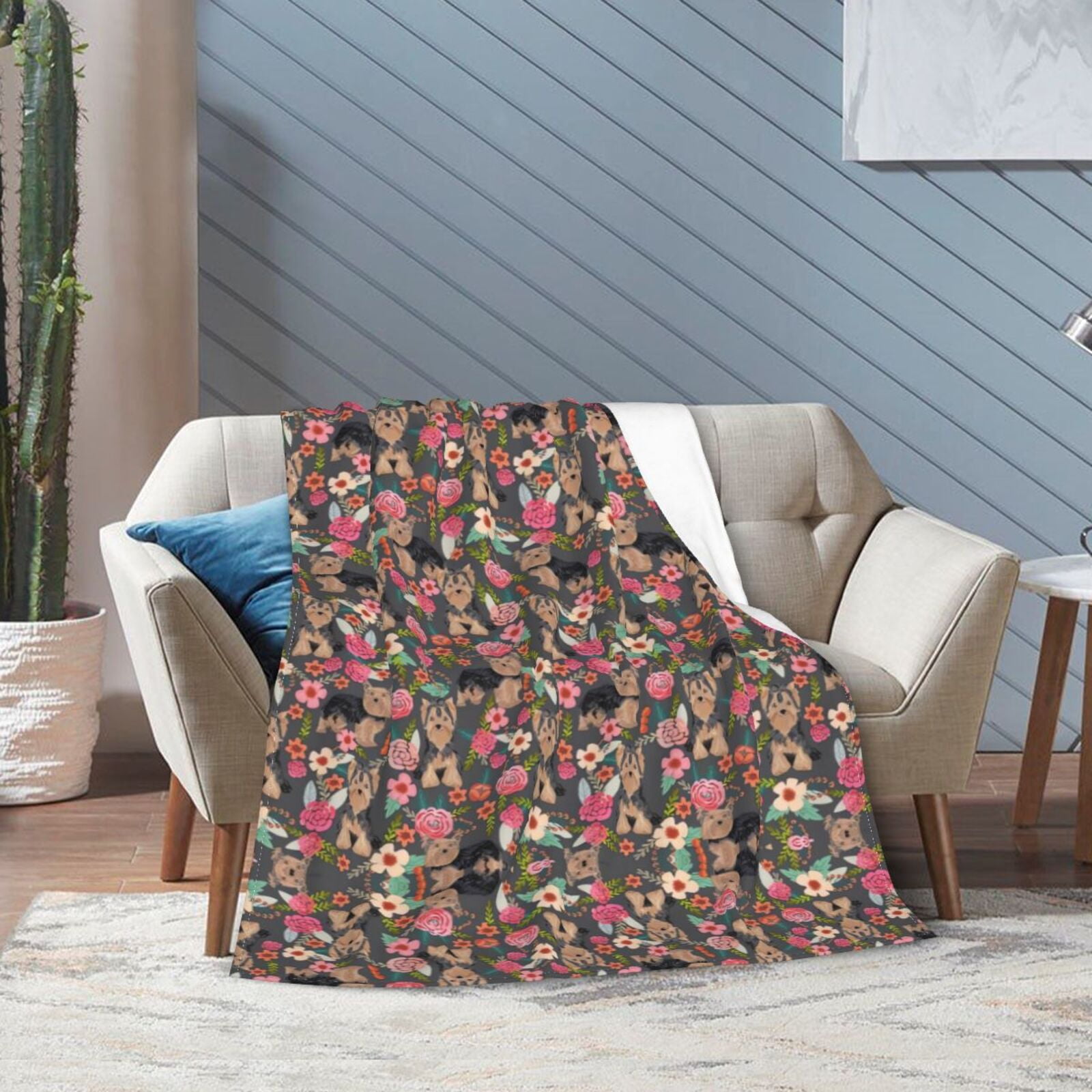 Wijzvio Yogorkshire Terrier Florals Dog Throw Blanket Soft Fuzzy Fleece Blanket For Couch Bed Living Room Decoration 60"X50"