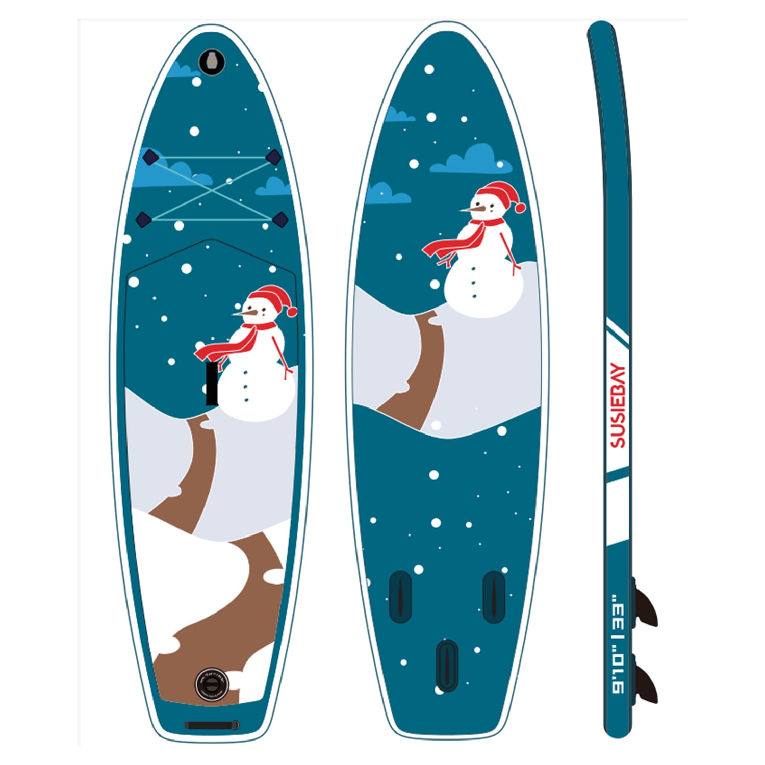 Kadyn Inflatable Stand Up Paddle Board with 3 Fin, Pump, Safety Leash, Backpack and Removoble Paddle, Snowman Pattern, Antique Blue Green