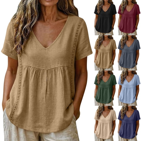 Womens Dressy Casual Blouses Tops Women's Spring And Summer Short Sleeved Solid Color Short Sleeved Mesh Splicing T-Shirt Black L