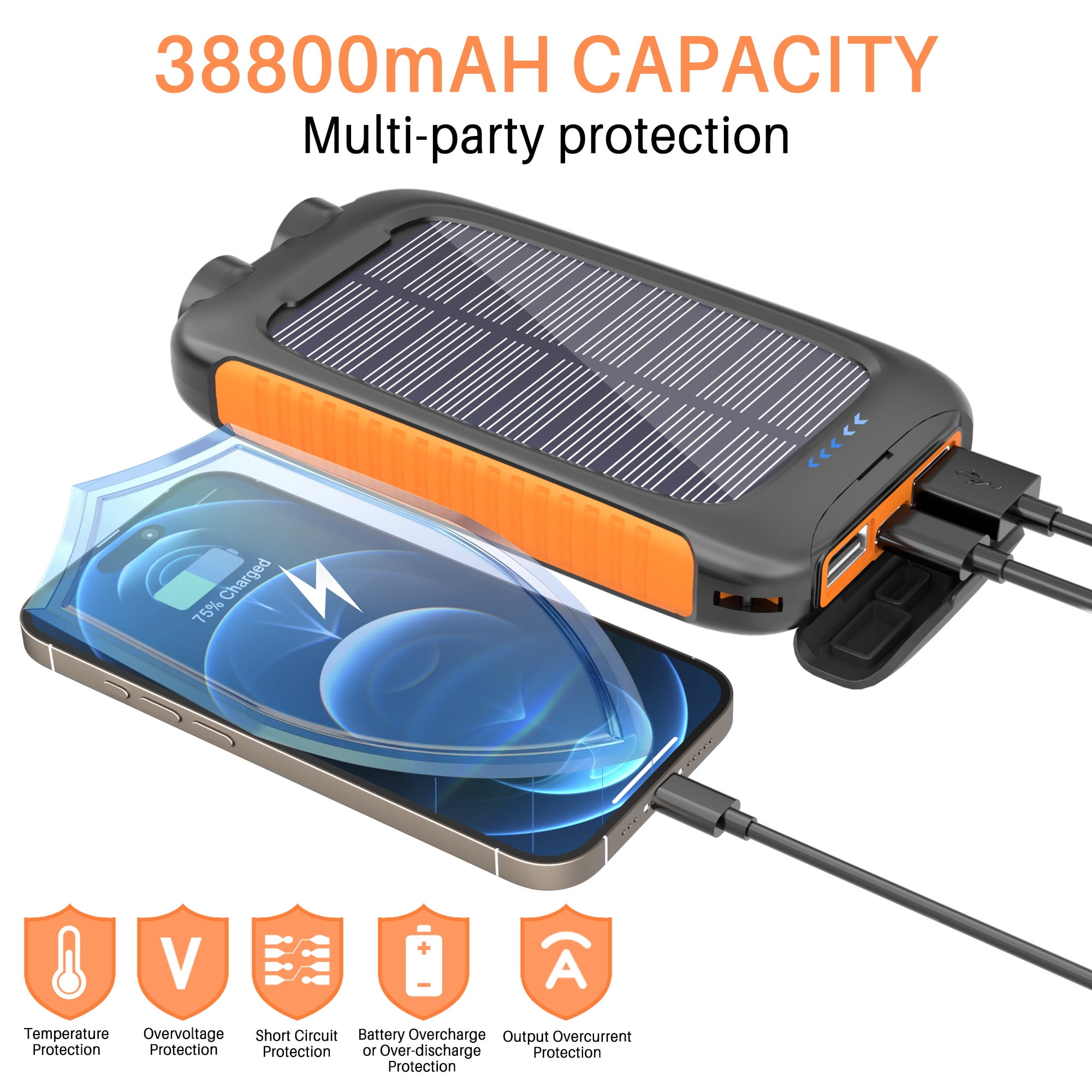 OWNTECH Portable Solar Charger for iPhone Android, 38800mAh Power Bank with 5 USB Port