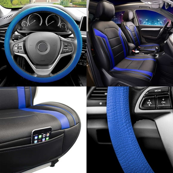 FH Group, Faux Leather Seat Covers Cushion Pad Front Bucket Blue w/Steering Cover
