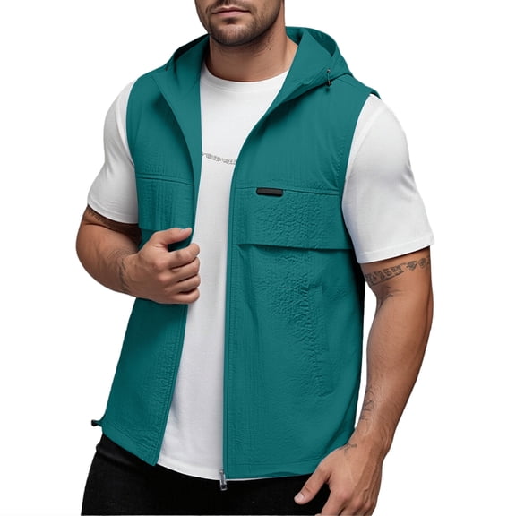 Men's Vest Jackets Sleeveless Hooded Zipper Cardigan Tops Summer Fall Solid Color Sports Hoodies Outdoor Casual Workout Outwears