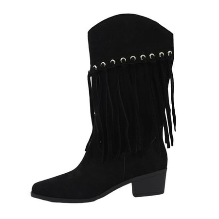 

KELINFONG Womens Tassel Cowgirl Cowboy Western Boots Pull on Fringe Mid Calf Boots Riding Boots