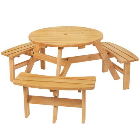 Best Choice Products 6-Person Circular Outdoor Wooden Picnic Table w/ 3 Built-In Benches, Umbrella Hole, Blonde Finish - (Best Kids Picnic Table)
