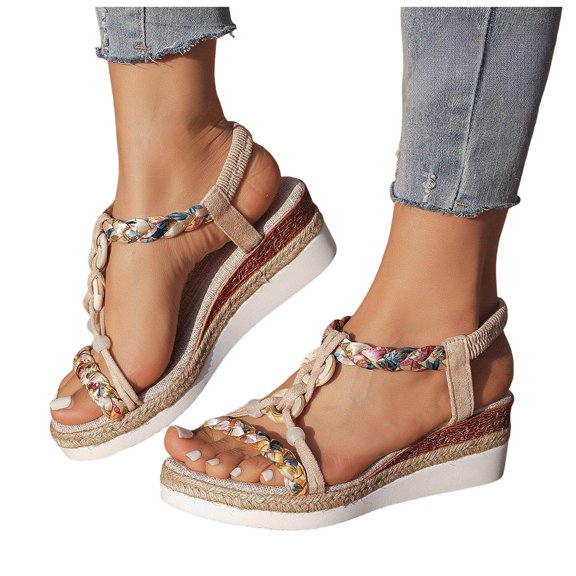 Women's Bohemian Wedge Sandals Wide Width Casual Platform Open Toe Fashion Beaded Orthopedic Beach Sandal Brown Size 9.5