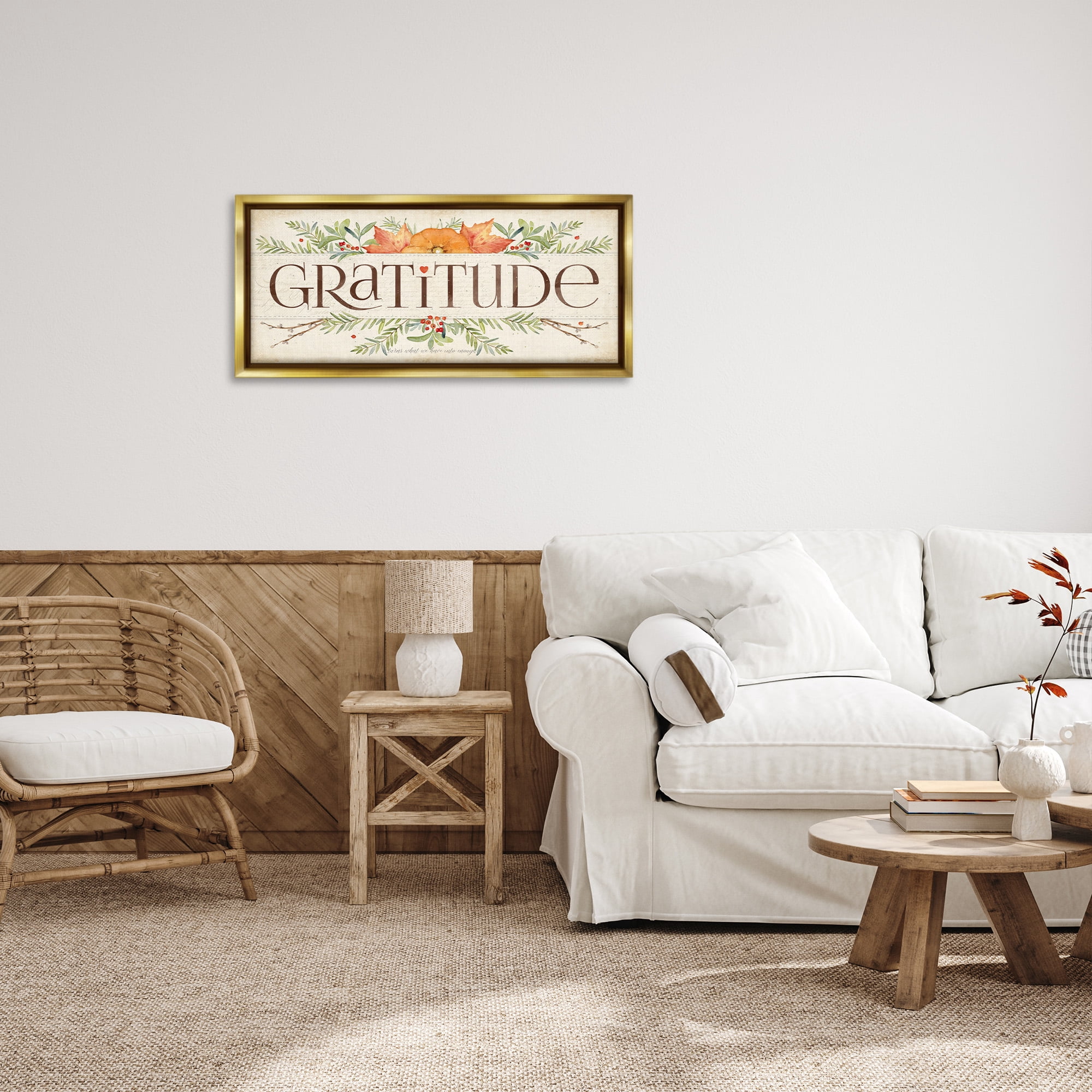 Stupell Industries Seasonal Gratitude Floral Leaves Typography Painting Gold Floater Framed Canvas Art Print Wall Art, 31 x 14