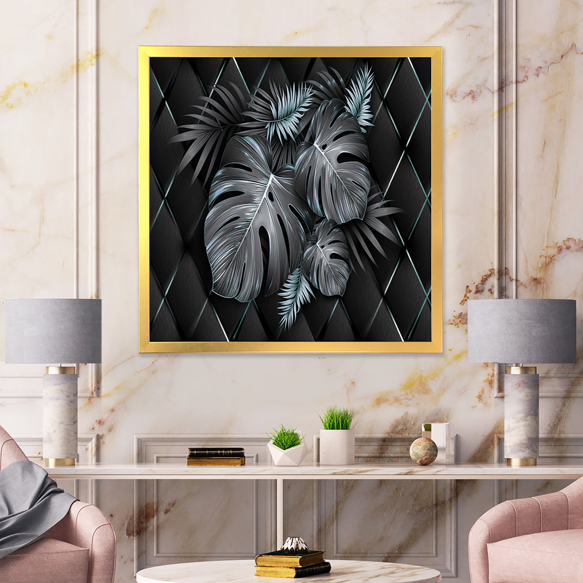 Designart 'Gold and Black Tropical Leaves I' Modern Framed Art Print