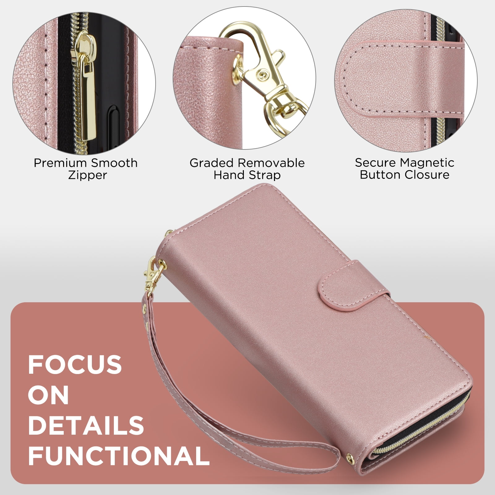 for Samsung Galaxy A26 5G Crossbody Wallet Case with 9 Card Holders, Cash Slot, Photo Slot, Zipper Pocket PU Leather Magnetic Snap Wallet Phone Case with Flip Stand & Wrist Strap & Lanyard, Rosegold