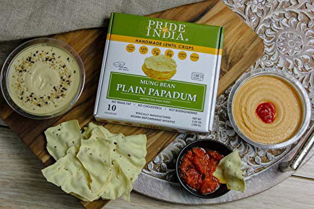 Pride of India - Pack of 6 - Mung Bean Papadum, Plant-Based Protein Crisps, 10 Count, 3.53 oz, Vegan, Gluten-Free