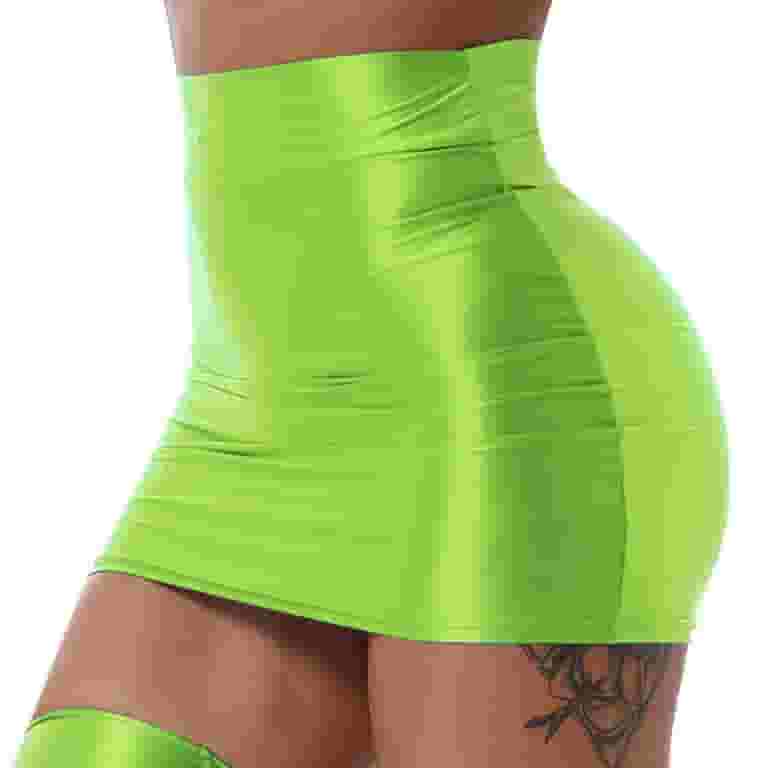 【Anyone more】Naki Yellow Green Washing Mini Skirt YONGHS Women's Glossy Short Skirt High Waist Shiny Oil OL
