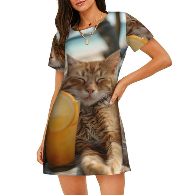 Lsque Chemises de Nuit Relaxantes Motif Chat et Jus d'Orange pour Femmes, Manches Courtes, Robe de Nuit Douce, Coupe Décontractée