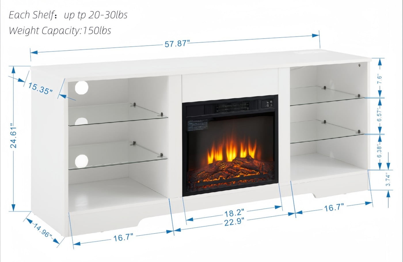 Electric Fireplace TV Stand for 65 Inch TV, 58" Modern Entertainment Center with LED Lights & Glass Shelves, 3D Flame Media Console with Storage Cabinet USB Charging Outlet, White