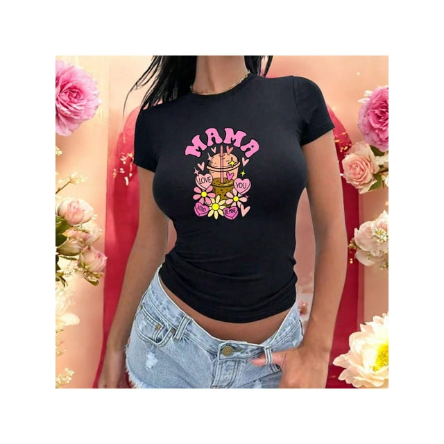 Playera Blusa Mujer Mama, Love You, XOXO, Be Mine Diseño Original con Frases y Bebida Estilo Cute Color Negro Talla Chica Marca Emil SaEs