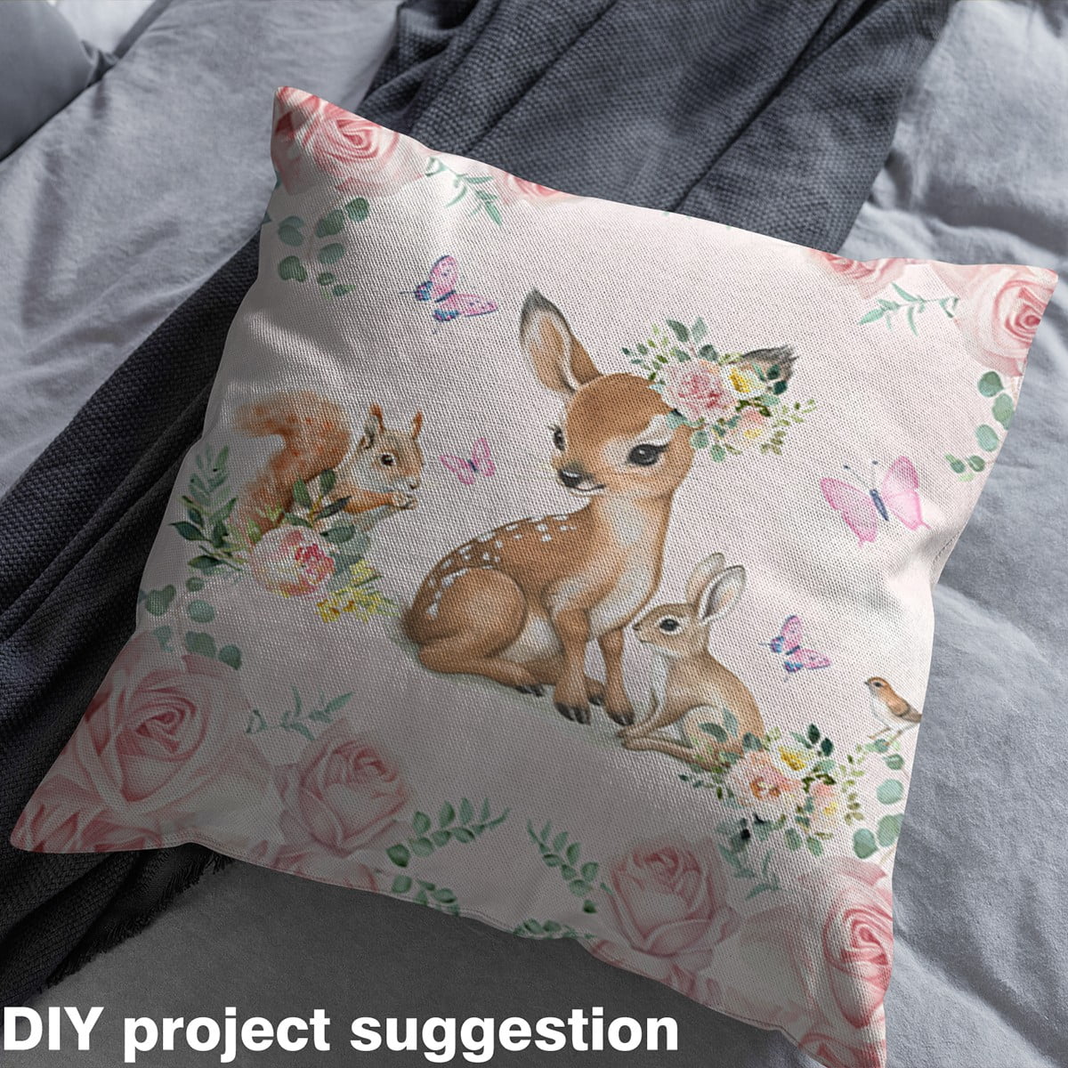 Manfei Cute Deer Squirrel Rabbit Sewing & Crafting Fabric (2 Yards) for Kids, Pink Floral Flower Home Decor Fabric by the Yard, Woodland Animal DIY Fabric