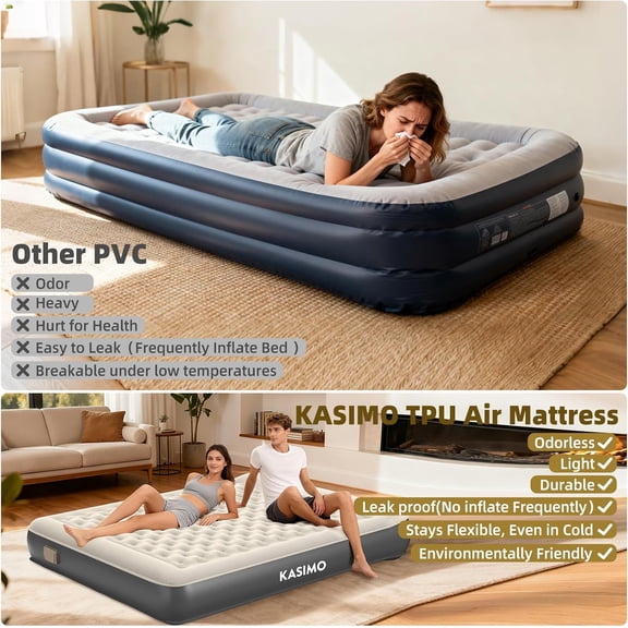 Air Mattress Queen with Built-in Battery Powered Removable Pump, TPU Blow Up Mattress with Pillow, Strong Support All Night, No Lost Air,Compact Inflatable Air Bed for Home Guests Camping