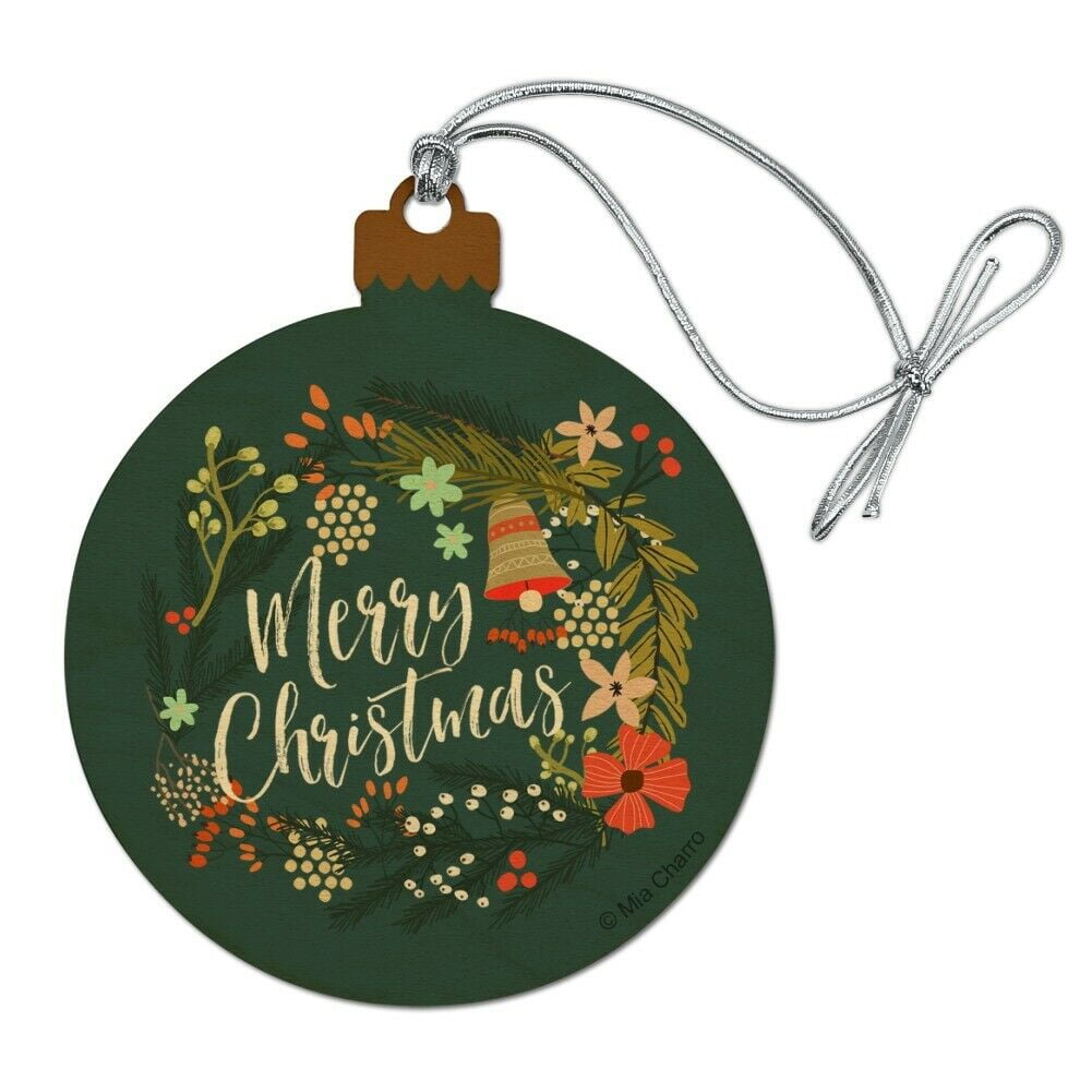 Merry Christmas Wreath Mistletoe Bell Wood Christmas Tree Holiday Mistletoe Christmas Ornament