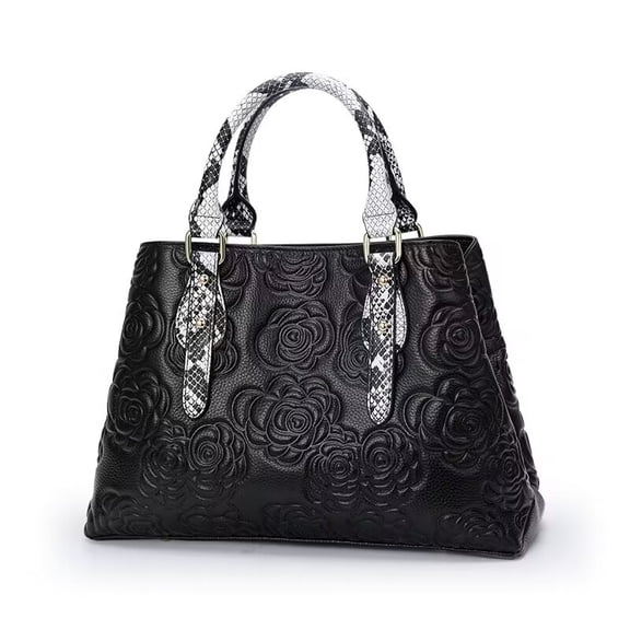 Aidrani Women's luxury leather handbag, large capacity black, with floral and snake pattern design,