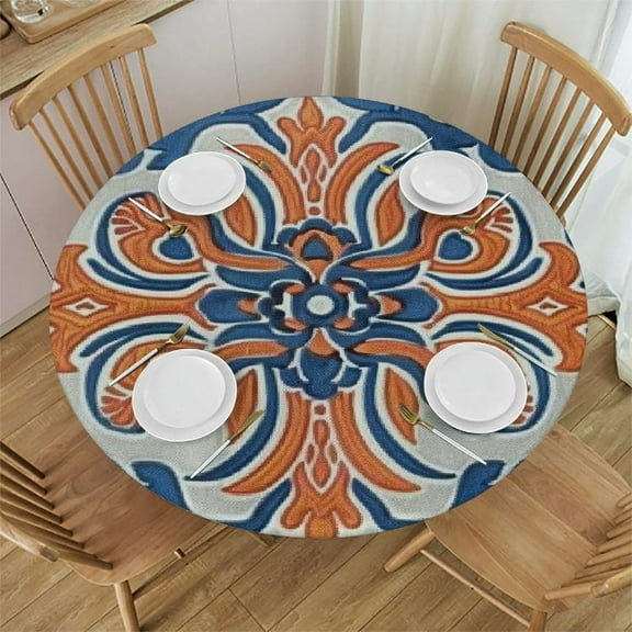 BCIIG Blue and Orange Design Round Table Cover - Stain Resistant, Washable - Perfect for Indoor and Outdoor Use - Elastic Edge - Ideal for Kitchen, Dining, Wedding, - Home Kitchen/Parties/Holiday
