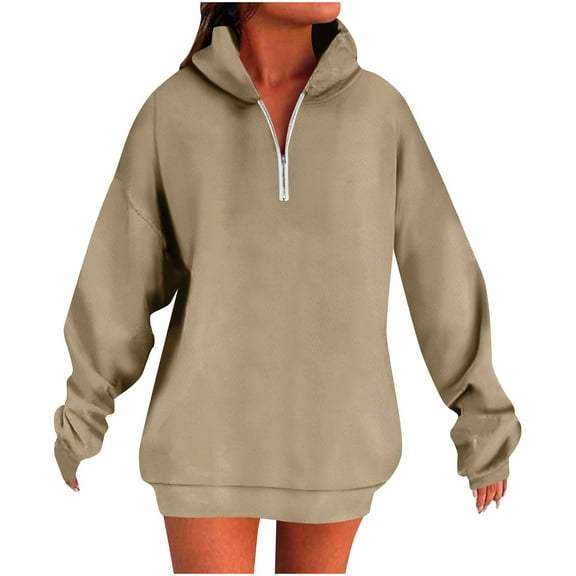 GuzomFashion Womens Khaki Half Zip Hooded Sweatshirt Dress - Oversized Drop Shoulder, 100% Polyester Wrinkle-Resistant, Machine-Washable Mini Length, S-XXL,Size M