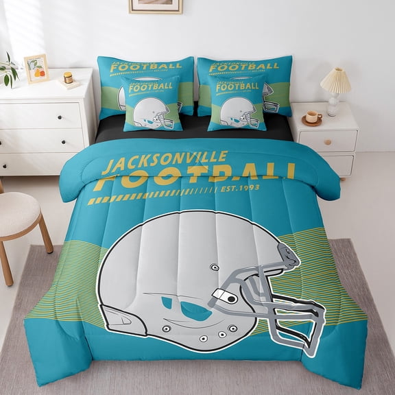 Erosebridal Twin Size American Football Comforter Set with Sheets 7 Pieces Sports Game Comforter Sets Bed in a Bag with 2 Pillowcases & 2 Throw Pillow Covers, Jacksonville (Teal Blue Yellow)