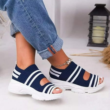 

〖Yilirongyumm〗 Blue 40 Sandals Women On Toe Sandals Canvas Ladies Shoes Cusual Peep Breathable Slip Women Wedge Women s Sandals