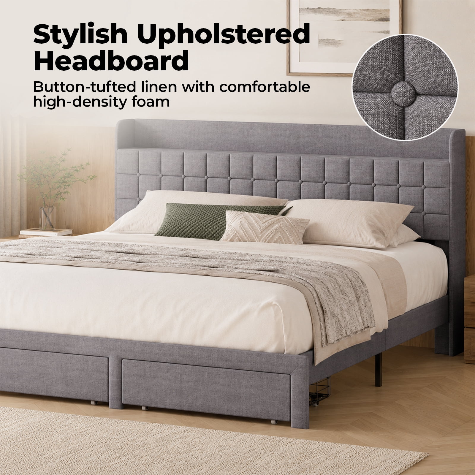 Alvantor Upholstered Bed Frame with 2 Storage Drawers and Fabric Headboard, Full Size, Heavy Duty Metal Platform, Easy Assembly