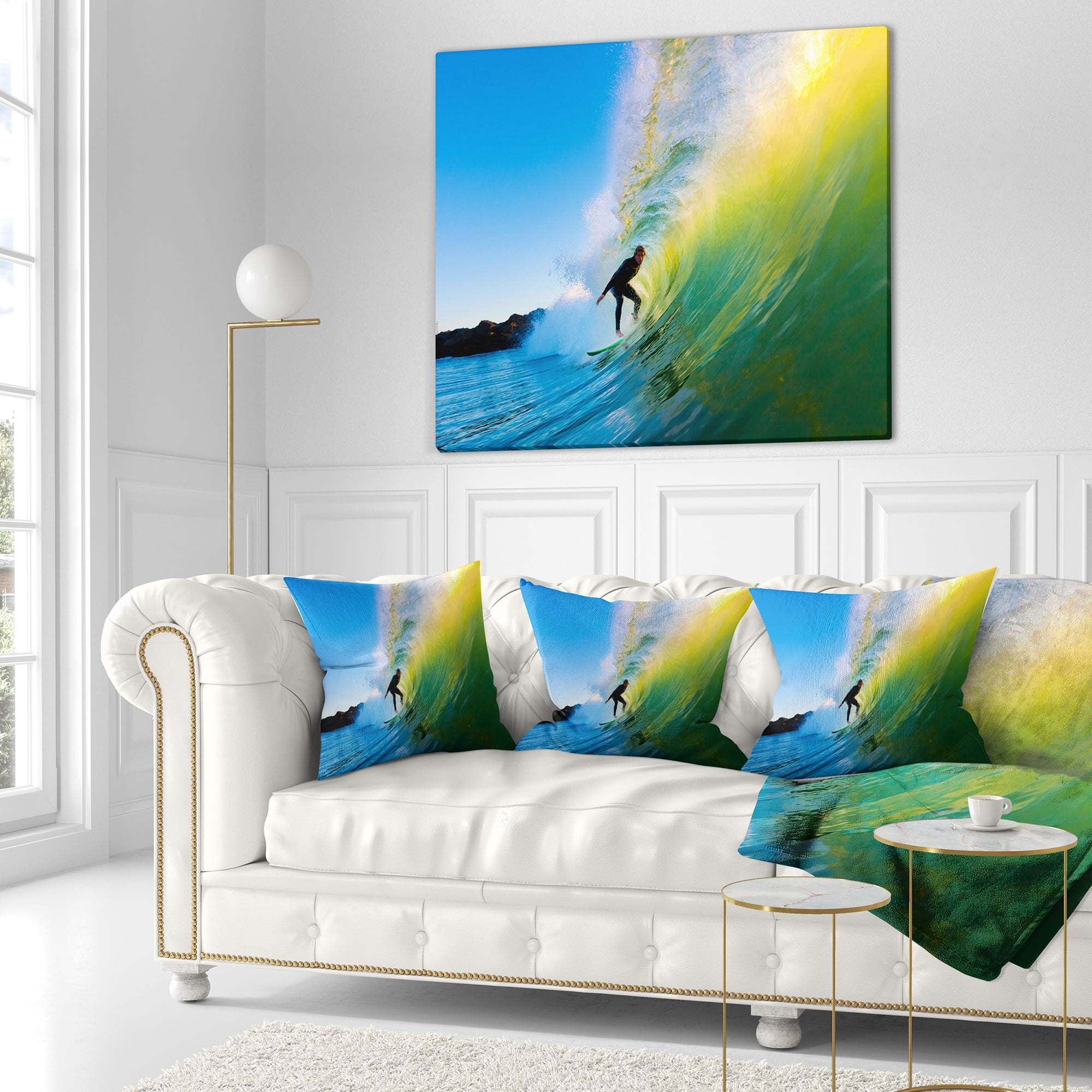 Designart Surfer Beating Green Waves - Photography Throw Pillow - 18x18
