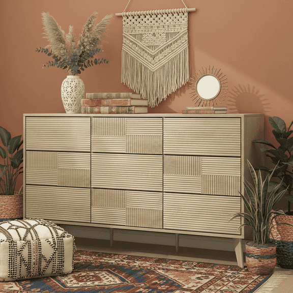 Danpinera Home 55" Mid-Century Modern 9-Drawer Dresser, Fluted Natural Oak Wood Chest of Drawers, Push-to-Open Bedroom Storage