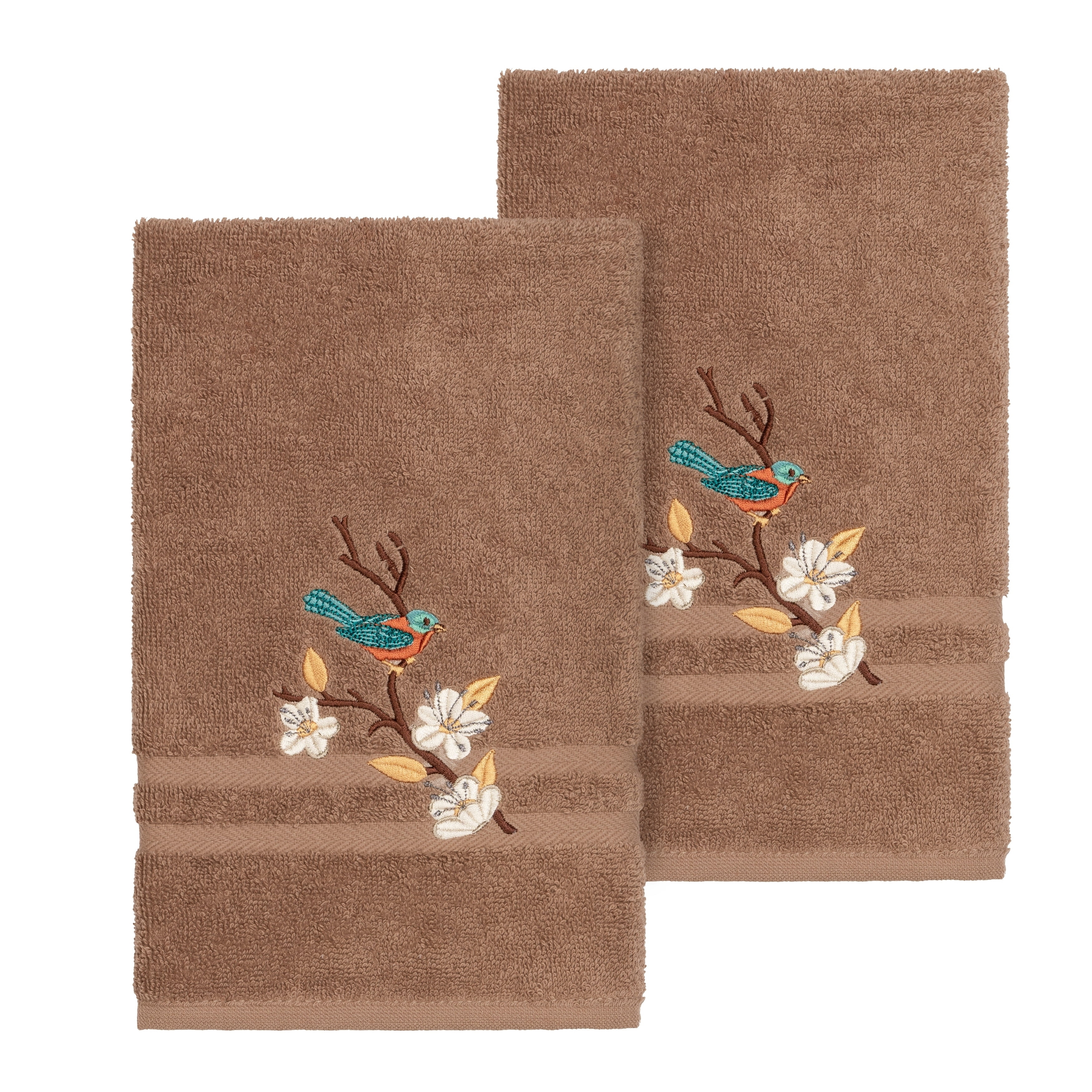 Authentic Hotel and Spa  Turkish Cotton Blue Bird Embroidered Latte Brown 2-piece Towel Hand Set