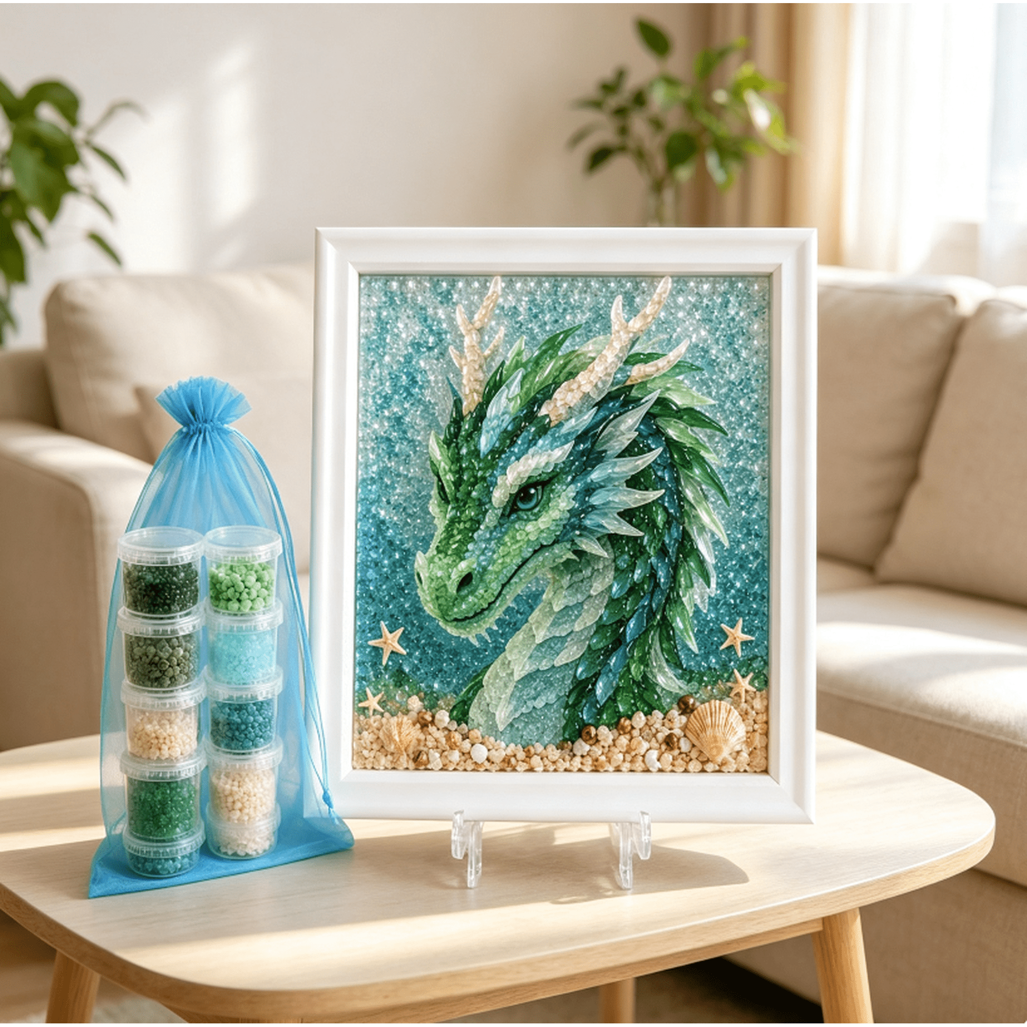 Dragon seaglass art kit Sea Dragon Beach Shell Mosaic DIY Craft Set All Inclusive Art Supplies for Beginner Creators Home Decoration & Gift Green