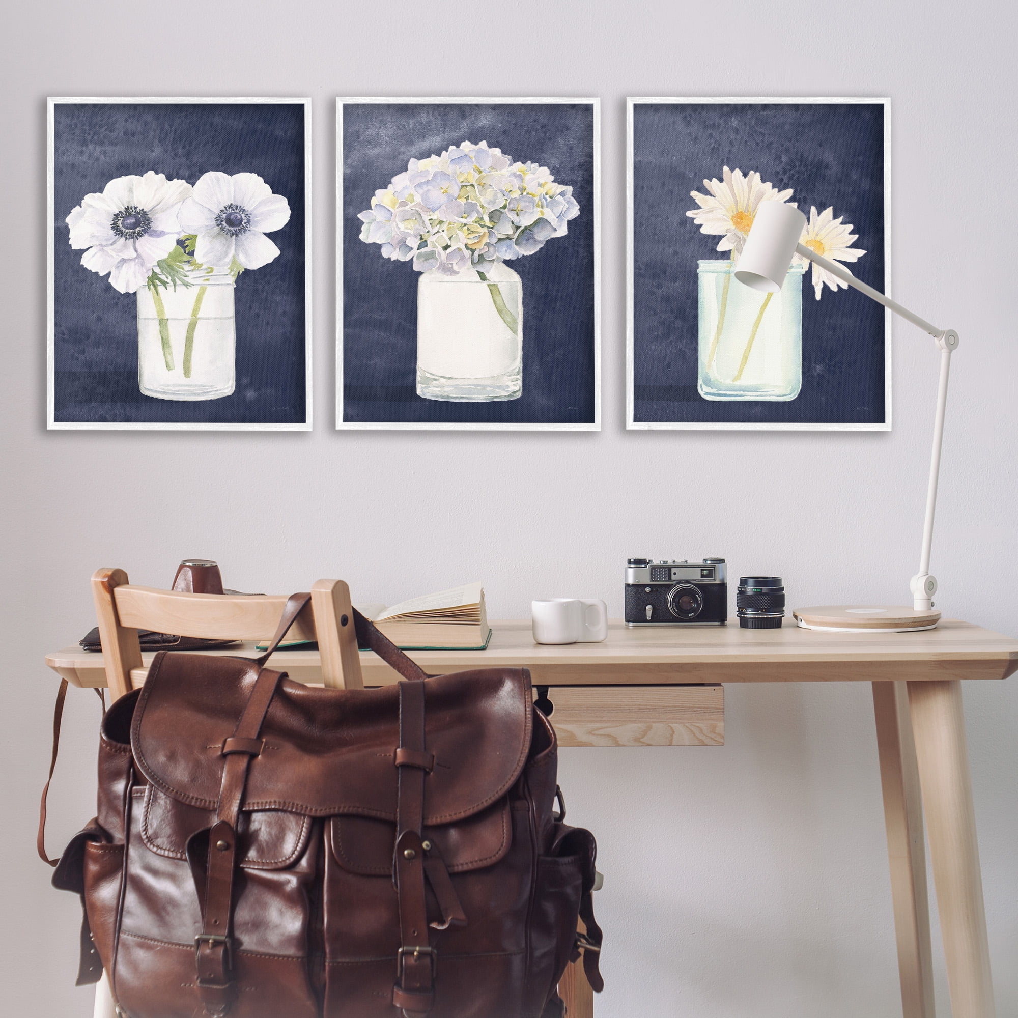Stupell Industries Navy Blue Flower Bouquets Botanical & Floral Painting White Framed Art Print Wall Art, 24 x 30, Set of 3
