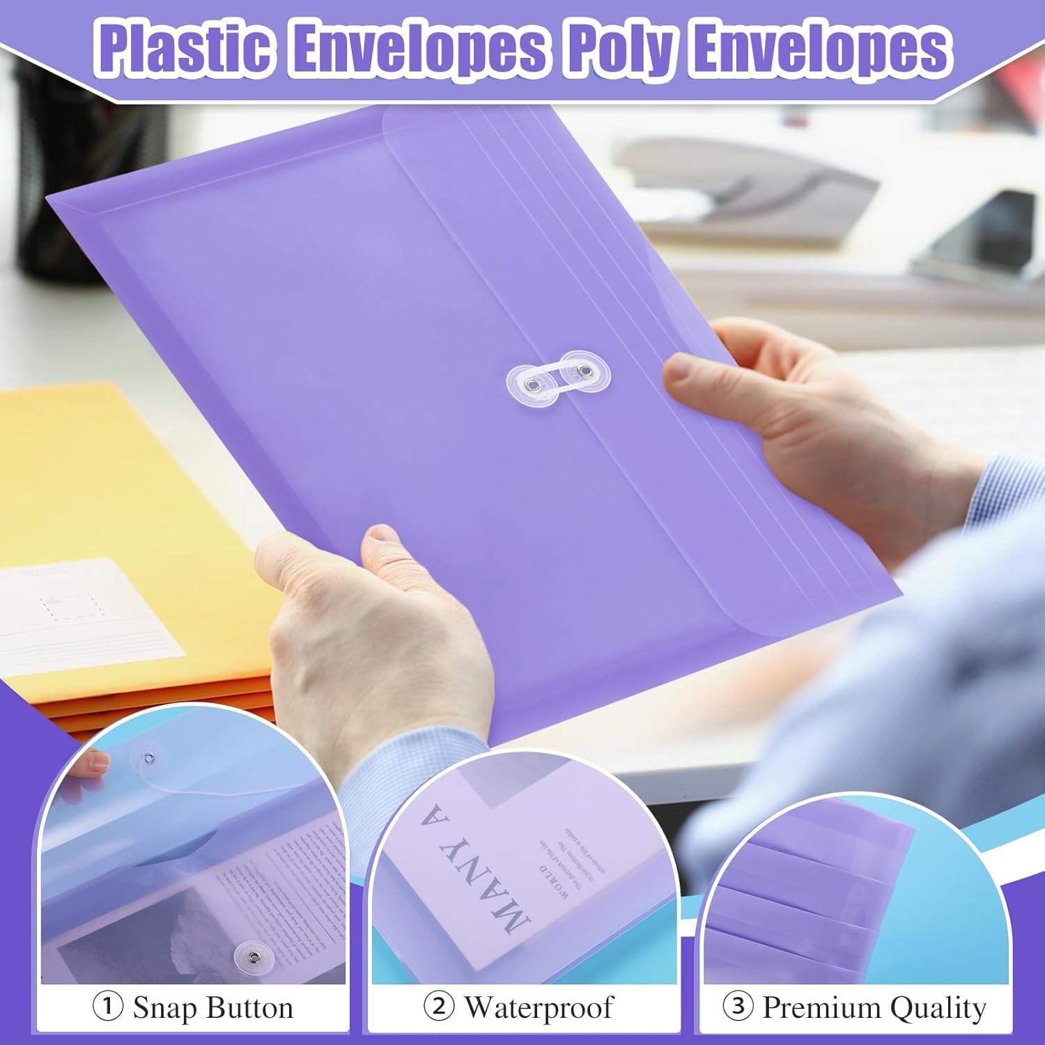 12 Pcs Letter Size Plastic Envelopes with String Closures Employee File Folders Reusable Poly Pockets Side Load Plastic Document Envelope Plastic Paper Organizer for Office School Home (Clear)