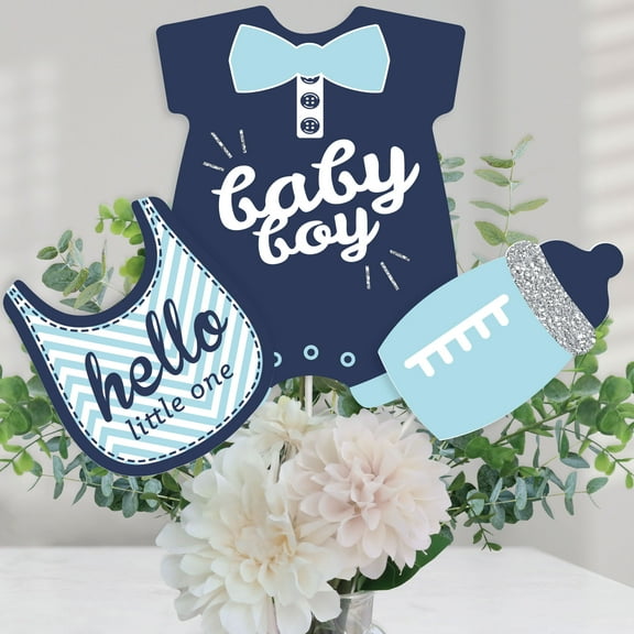 Big Dot of Happiness Hello Little One - Blue and Silver - Boy Baby Shower Party Centerpiece Sticks - Table Toppers - Set of 15