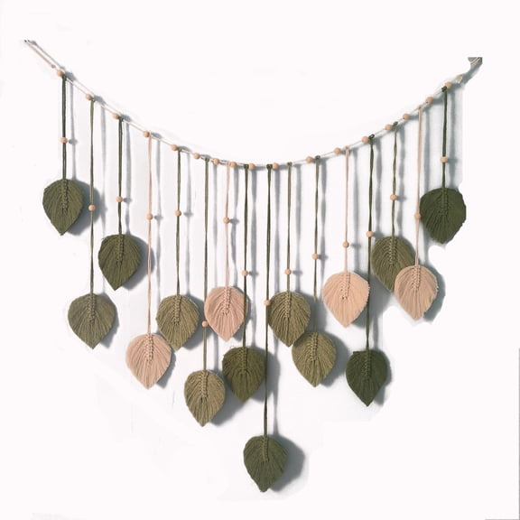 Bohemian Nordic Macrame Wall Hanging, Hand Woven Natural Cotton Rope Tapestry Decor with Wooden Beads & Leaf Ornaments, Art Woven Wall Ornament for Bedroom Dorm Apartment Living Room Indoor