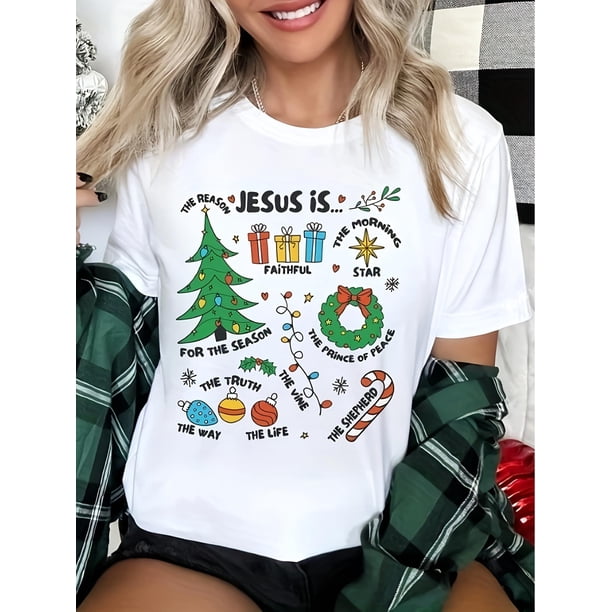 Camiseta De Manga Corta Con Cuello Redondo Para Mujer, Camisetas De Verano Para Uso Diario Y ViajesJesus Is The Reason Sweatshirt, Retro Christmas Sweatshirt, Christian Christmas Shirt, Retro Nativi