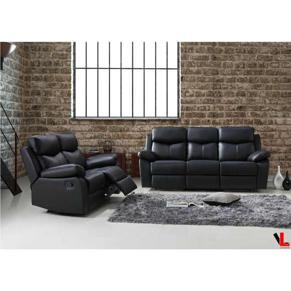 Levoluxe Aveon Ensemble de Canapé Inclinable à Accoudoirs avec Dessus Coussiné 2 Pcs et Causeuse en Cuir Assorti (Noir)
