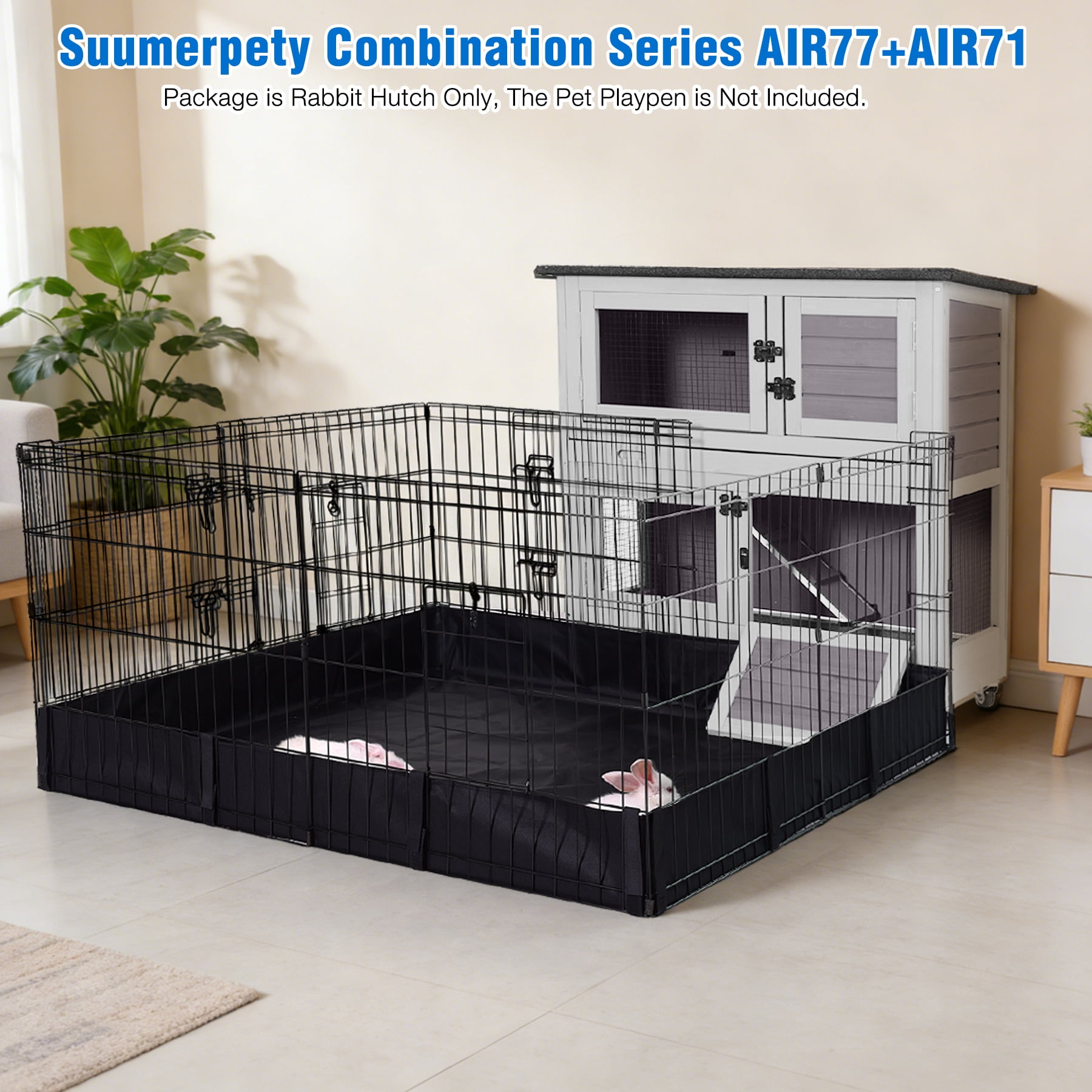 Suumerpety Wooden Rabbit Hutch on Wheels Indoor Outdoor Rabbit Cage 2 Story Bunny Hutch with Leakproof Tray Anti Chew Ramp 36"L Guinea Pig Cage Gray