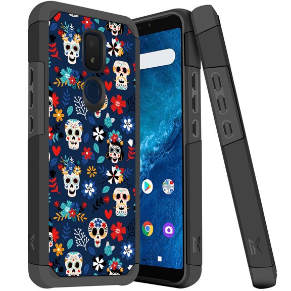 ANJ  Slim Dual Layer Hybrid Shockproof Case   Tempered Glass Cover for Cricket Icon 3, Splendor, AT&T Motivate 2 - Sugar Skull Carnivals