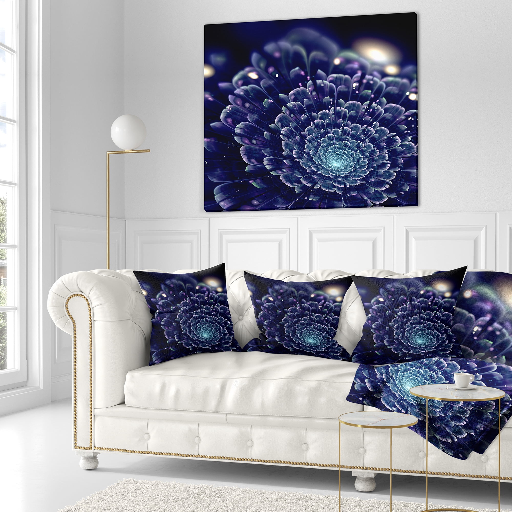 Designart Dark Blue Abstract Fractal Flower - Floral Throw Pillow - 16x16